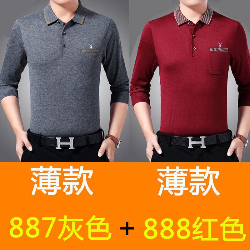 ❇∈♫ Mùa xuân và thu tuổi trung niên Cotton Long Sleeve T-Shire Lapel... áo thun của người cha cỡ lớn