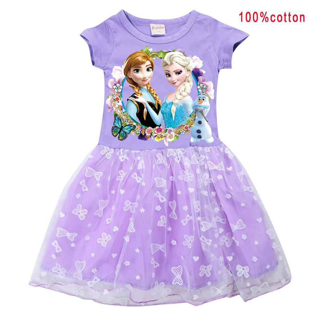 Đầm Xoè Tulle Tay Ngắn Cổ Tròn In Hình Elsa Anna Dễ Thương Cho Bé Gái Từ 2-15 Tuổi