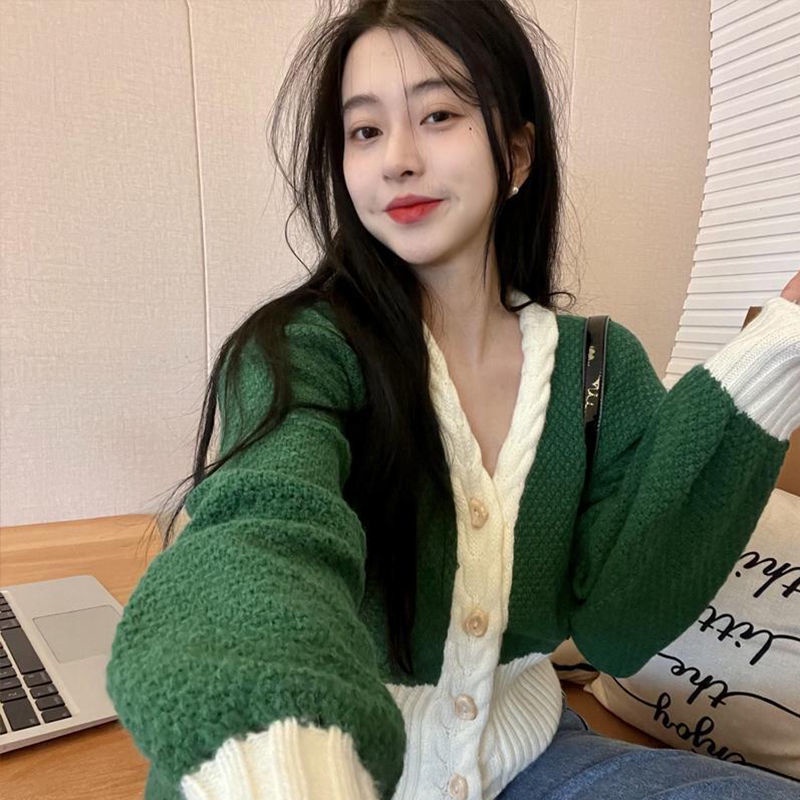 Áo Khoác Cardigan Dệt Kim Tay Phồng Màu Sắc Tương Phản Phong Cách Retro Thời Trang Thu Đông