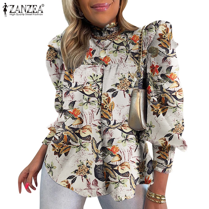 ZANZEA Áo Kiểu Tay Phồng Dài Cổ Đứng In Họa Tiết Thời Trang Cho Nữ
