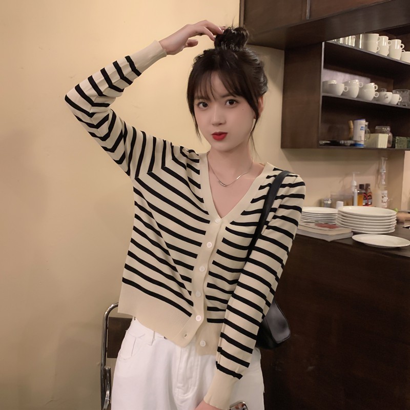 Áo Cardigan Dệt Kim Tay Dài Dáng Rộng Kẻ Sọc Dễ Phối Đồ