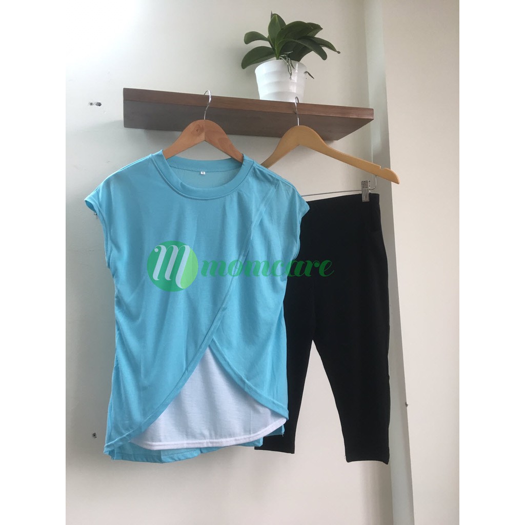 Combo áo xẻ tà xanh + 2 quần legging