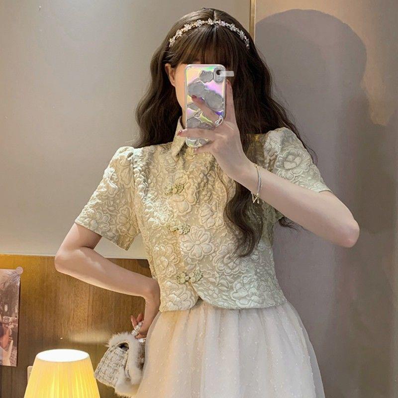 Áo Sơ Mi Cổ Đứng Cài Nút Họa Tiết jacquard Màu Xanh Lá Phong Cách Retro Thời Trang Mùa Hè 2022 Cho Nữ