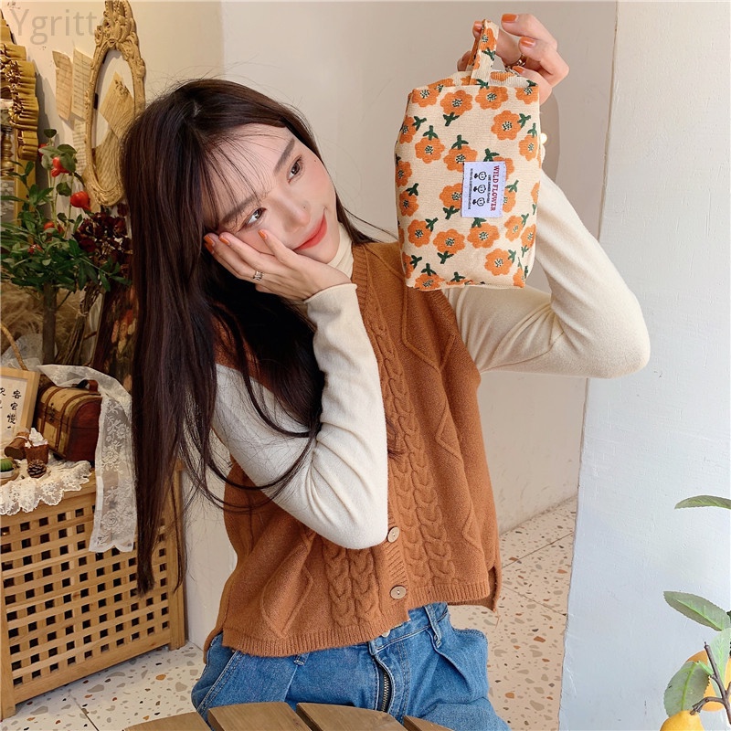Túi Đựng Bút / Mỹ Phẩm Mini Bằng Vải Nhung Họa Tiết Hoa Phong Cách Hàn Quốc Dễ Thương Nhỏ Gọn Tiện Dụng Ví