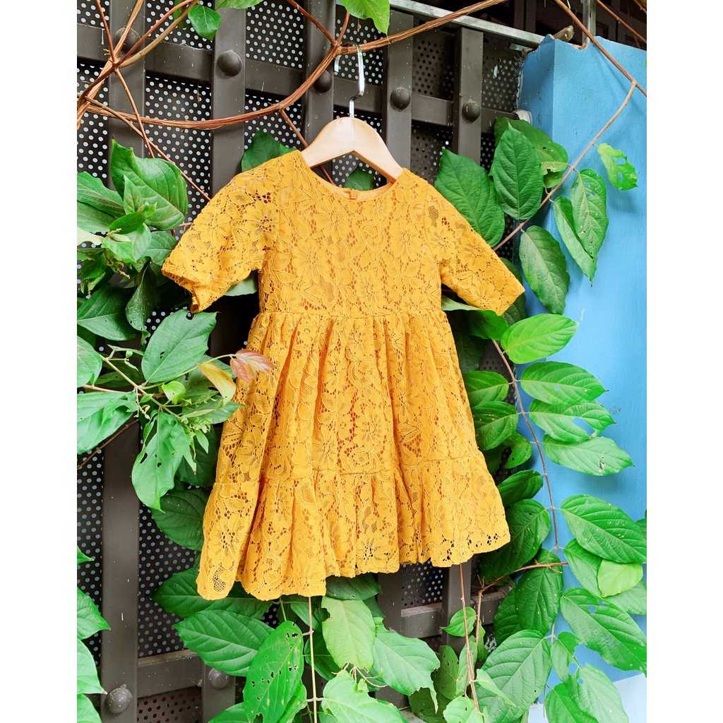 Đầm Ren Vàng Bé Gái Size 8-30kg 💖 Váy Ren Sofia Màu Vàng Cho Bé Gái, váy 2 lớp, ren cao cấp mềm mịn