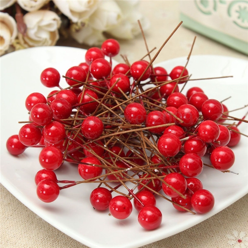 50pcs Mini Red Cherry Plastic Berry Artificial Flower Pearlescent Wedding DIY Christmas Decoration