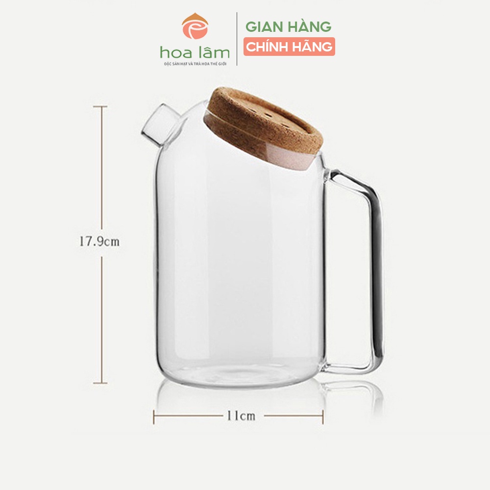 Ấm trà thủy tinh Hoa Lâm nắp gỗ nghiêng 1000ml