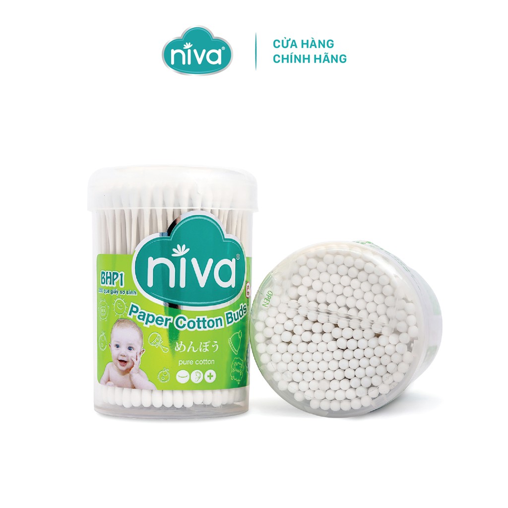 Tăm Bông Niva Cho Trẻ Sơ Sinh Hũ Xoay 200 Que Thân Giấy BHP1 Bông Tự Nhiên Kháng Khuẩn An Toàn, Thân Thiện Môi Trường