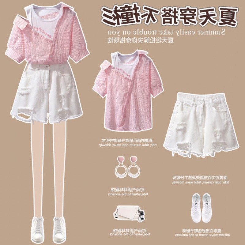 SET Áo Sơ Mi Lệch Vai + Quần Short Denim Rách Lưới