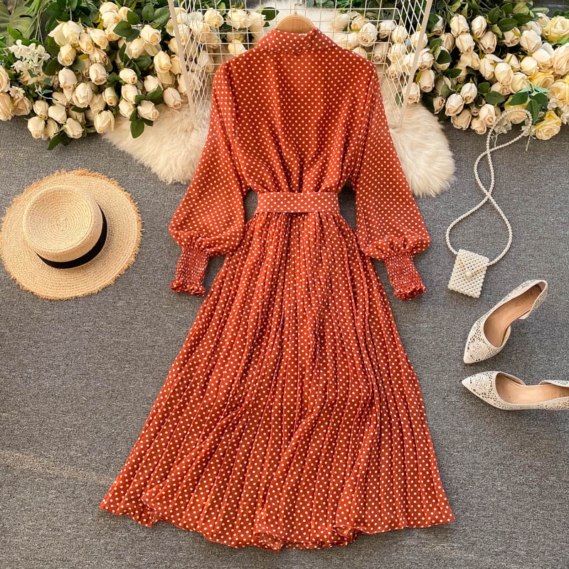 Đầm tay dài sơ mi hoa tiết chấm bi nhỏ 6 màu kèm thắt lưng freesize