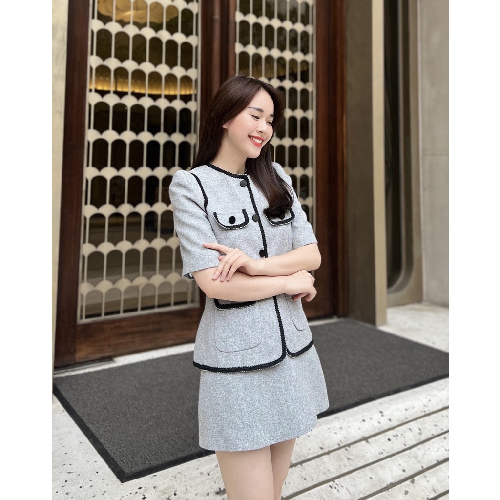 NKN Design - Áo Khoác Dạ Tweed Nữ Và Chân Váy Chữ A Màu Xám Amy