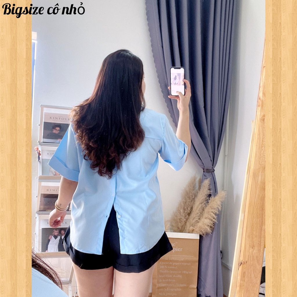 Áo Sơ Mi Nữ Cộc Tay Xẻ Lưng Cài Cúc Sau Bigsize Siêu Hot,Áo Sơ Mi Kiểu Dễ Thương mã AT10