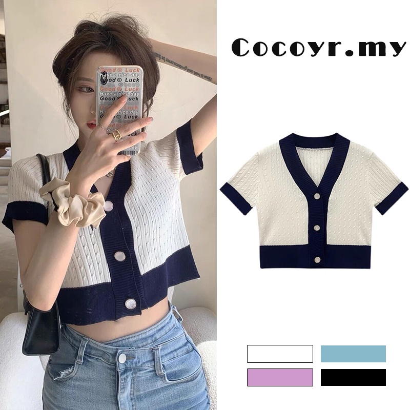 Áo cardigan dệt kim cổ chữ V tay ngắn dáng rộng thời trang Hàn Quốc