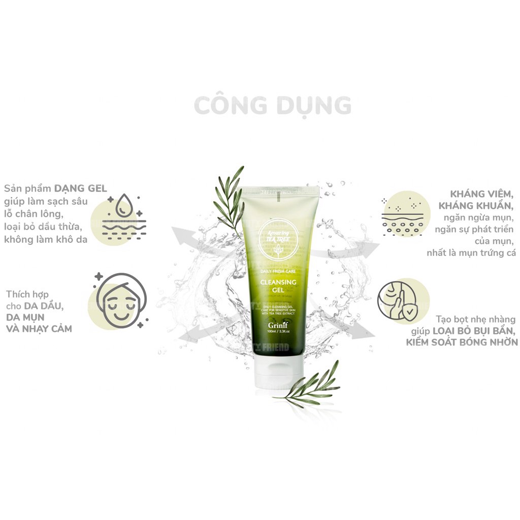 Sữa rửa mặt tràm trà cho da dầu mụn và nhạy cảm Grinif Tea Tree Cleansing Gel 100ml