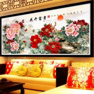 Tranh thêu Tranh đá hoa mẫu đơn đẹp 150x65cm-195x85 chữ trung và việt