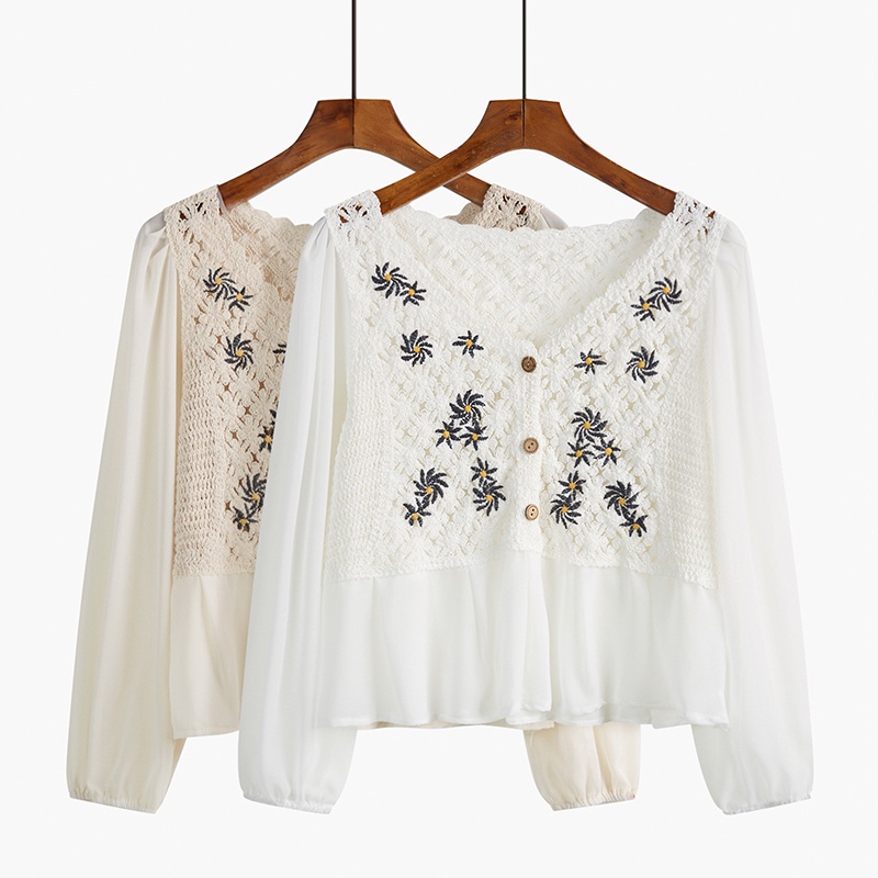 NUZIRO  Áo cardigan  vải voan đan móc thêu hình dệt tay phồng phong cách Hàn Quốc cho nữ