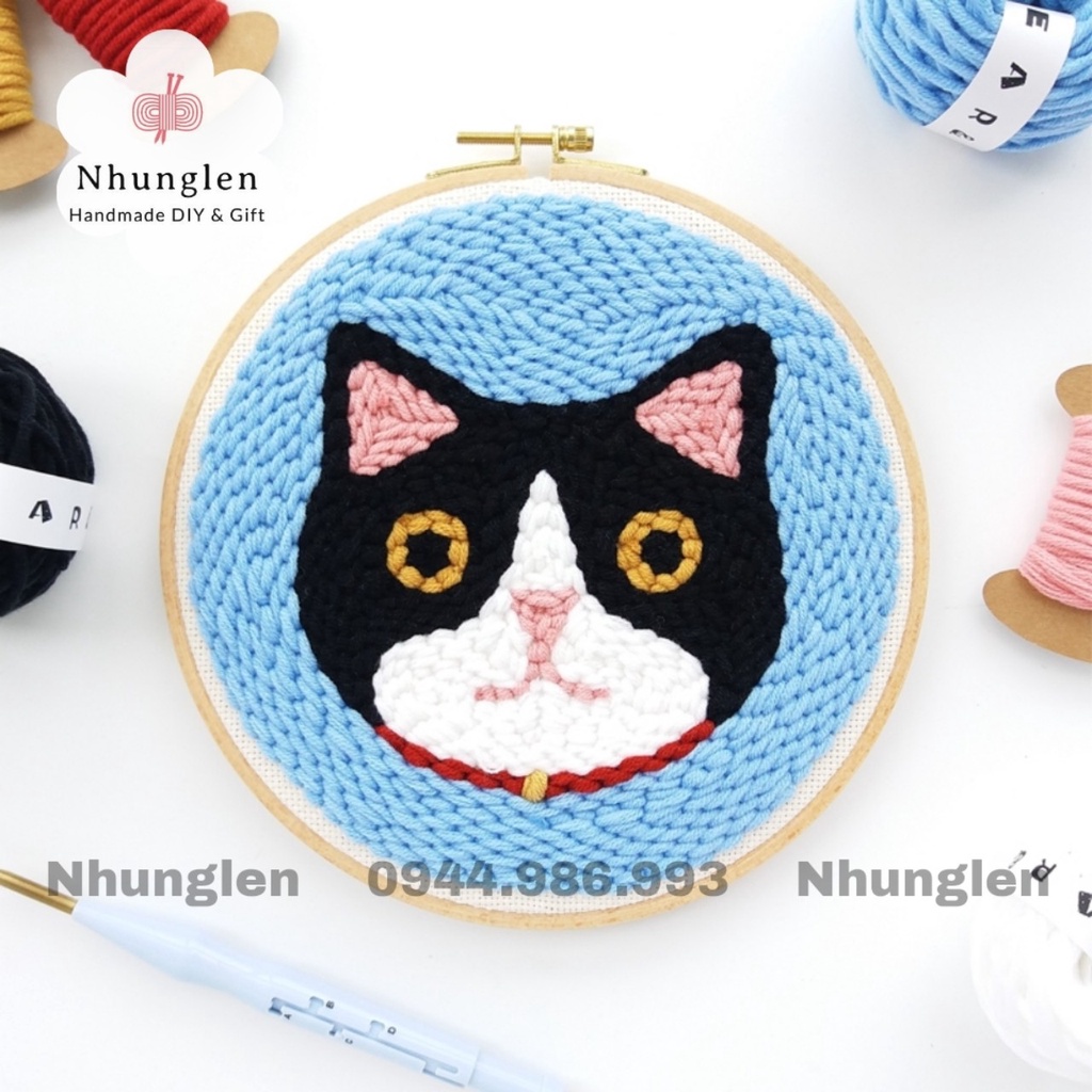 DIY Bộ Thêu Len Xù Mèo Ben- Punch Needle Decor - Qùa Tặng Handmade Ý Nghĩa