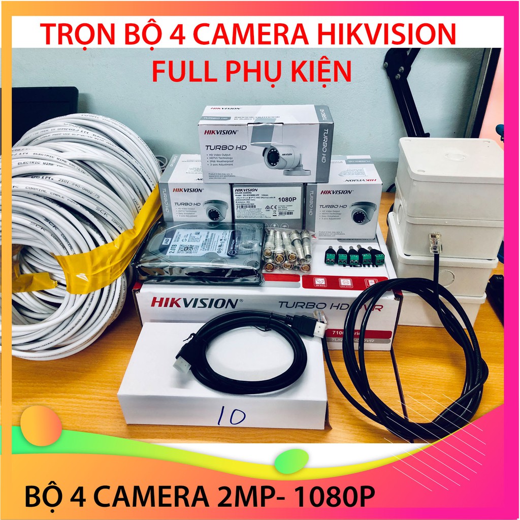 Trọn  Bộ Camera 4 Mắt Hikvision Chính Hãng 2Mp Full HD 1080P (FULL PHỤ KIỆN LẮP ĐẶT),Tùy Chọn Ổ Cứng