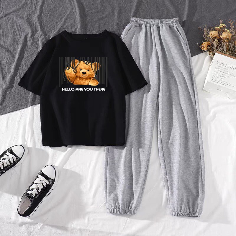 Sét Áo Gấu dơ tay + quần bom chun, Áo thun from rộng, Chất đẹp không xù, quần suông ống rộng, Sét bộ mặc ở nhà - MODY