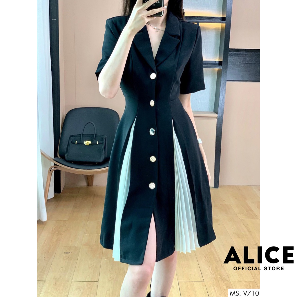Đầm Công Sở Cổ Vest Phối Dập Ly ALICE V710, Váy Đen Thiết Kế Tôn Dáng Sang Trọng | BigBuy360 - bigbuy360.vn