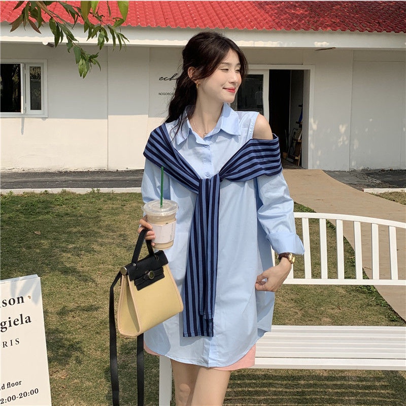 Áo Sơ Mi Tay Dài Giả Hai Lớp Phối Khăn Choàng Họa Tiết Kẻ Sọc Phong Cách Mới Dành Cho Nữ