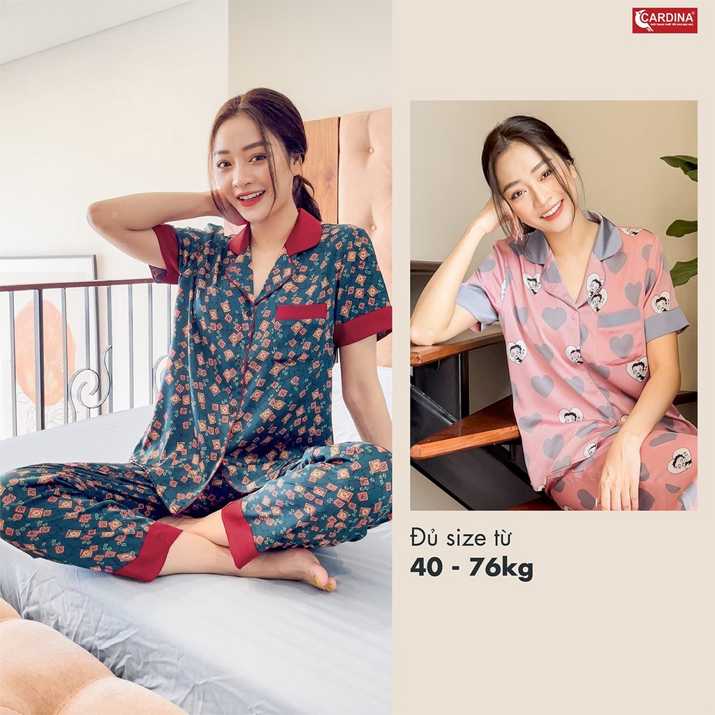 Bộ Pijama Nữ 𝐂𝐀𝐑𝐃𝐈𝐍𝐀 Chất Lụa Satin Nhật Cao Cấp Quần Dài, Áo Cộc Tay Họa Tiết Tinh Tế, Trẻ Trung 1Pi18.