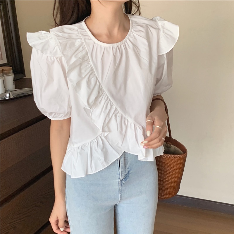 Áo Kiểu Cổ Tròn Nhún Bèo Phong Cách Hàn Quốc Mới 44606