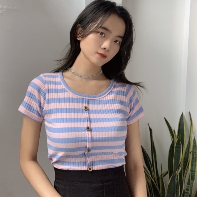 Áo croptop thun gân nữ kiểu kẻ sọc phối màu cổ tròn tay ngắn trẻ trung