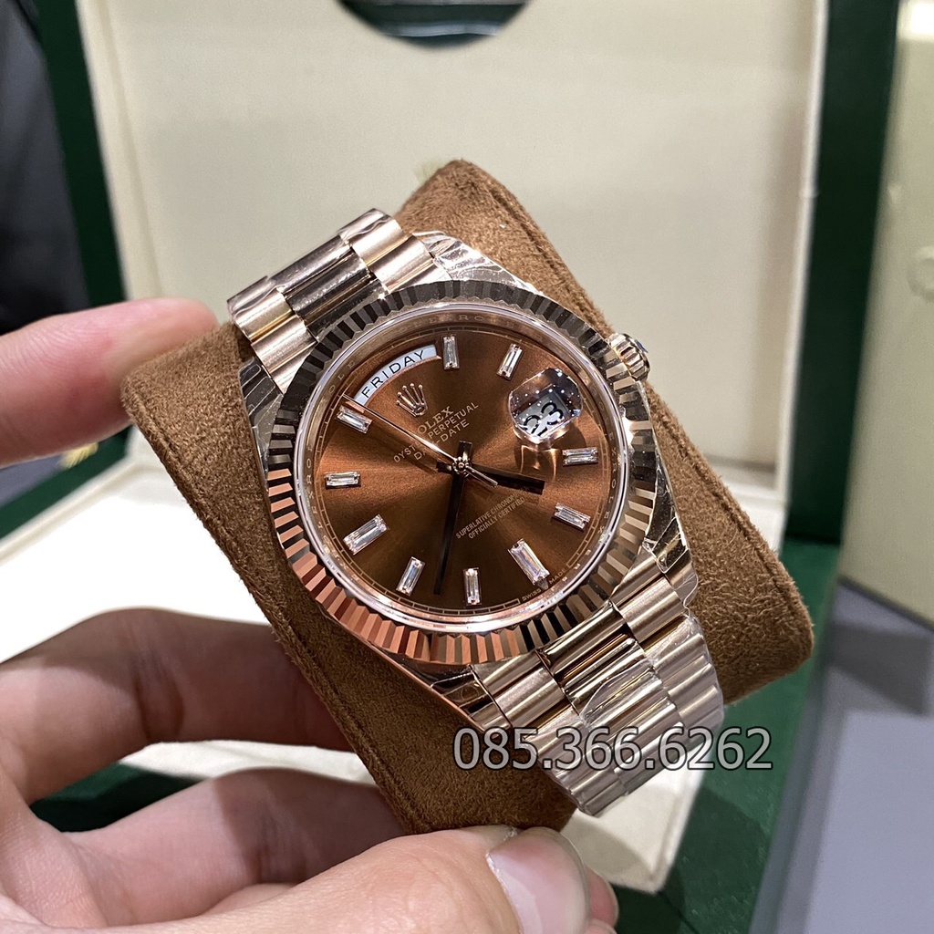 Đồng hồ nam Rolex cơ Automatic máy nhật mẫu Classic 2 lịch nâu cafe cọc số đá trắng size 36-40mm