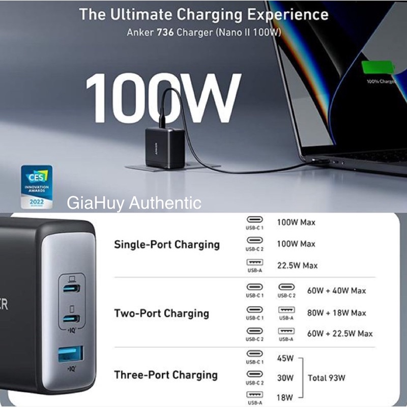 Củ sạc nhanh Laptop táo Pro, lP14 SERlES, S22, S21, Note 20 Ultra 5G ANKER A2145 GaN II 100W PPS/ PD 100W