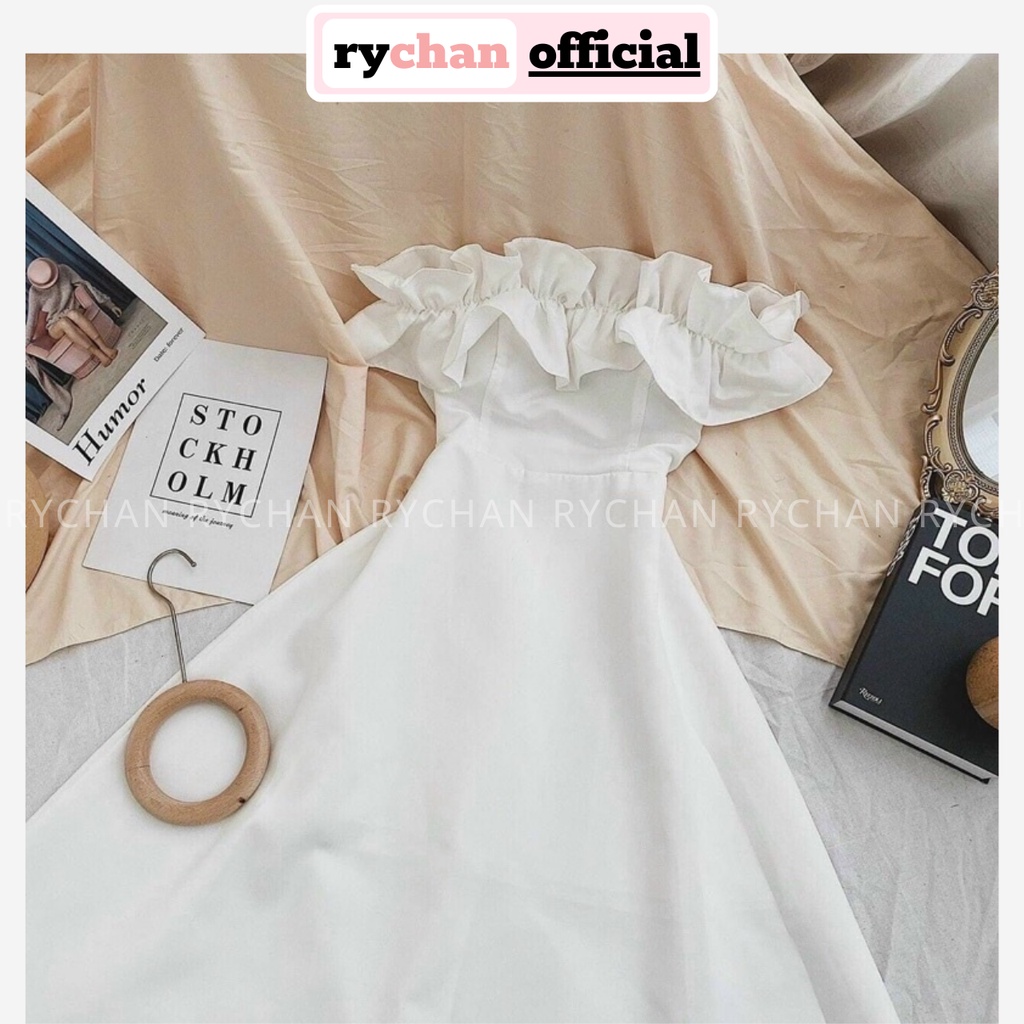 Đầm Nữ Dự Prom Dáng Dài Màu Trắng Trễ Vai Phối Bèo Bản To Bo Eo Cực Sang Chảnh [ẢNH THẬT CUỐI] - DX9901
