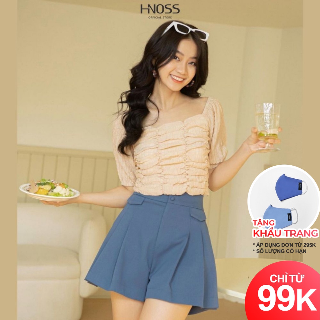 Áo croptop nữ tay ngắn HNOSS thiết kế trễ vai tay phồng AKI021