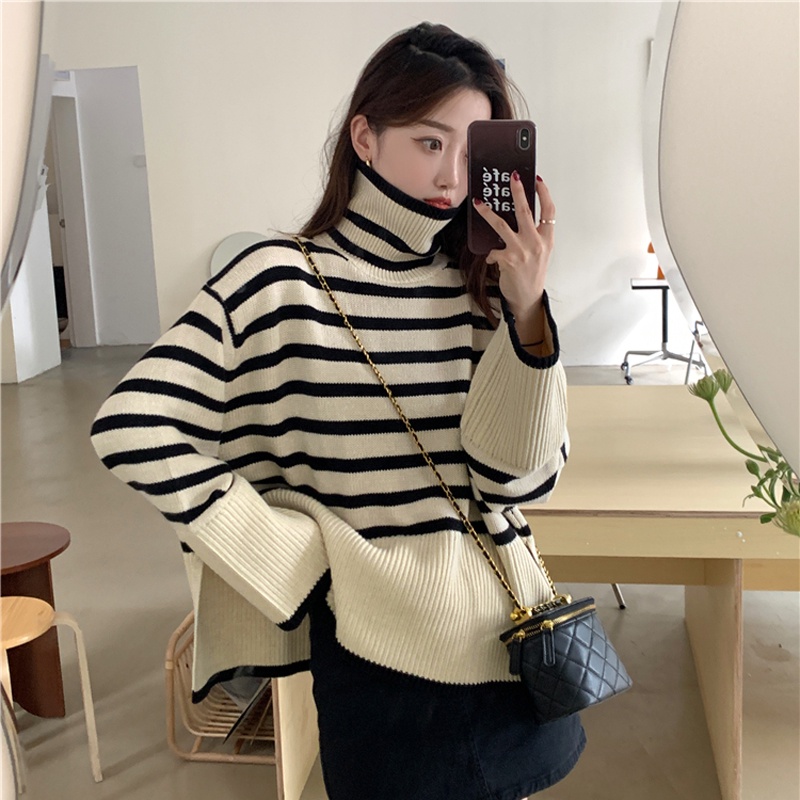 621558#Áo Sweater Dệt Kim Tay Dài Cổ Lọ Dáng Rộng Xẻ Tà Thời Trang Thu Đông 2022 Mới