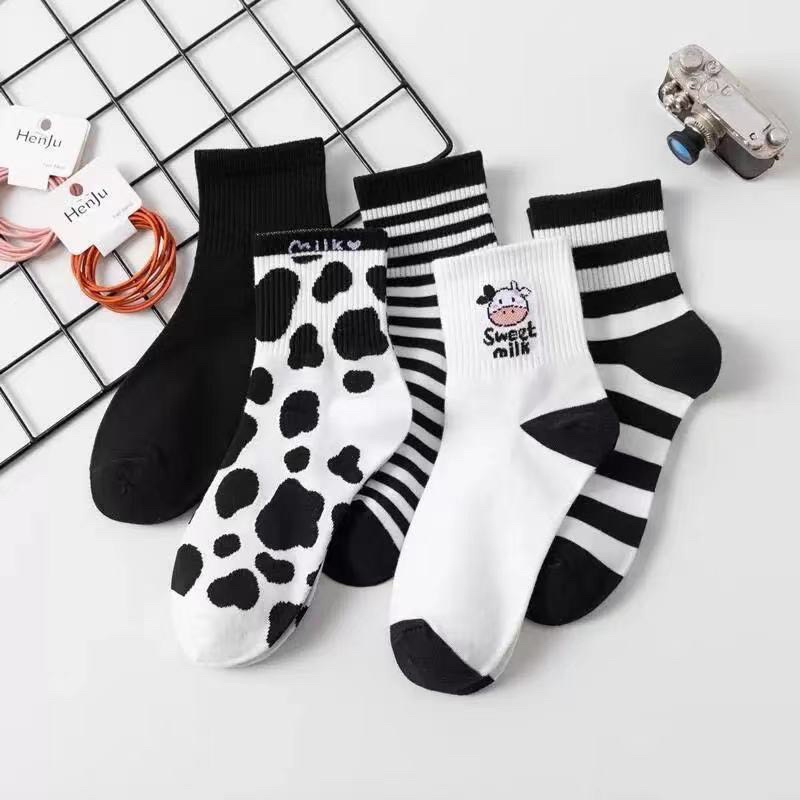 set 5 đôi tất cổ cao bò sữa và kẻ đen trắng