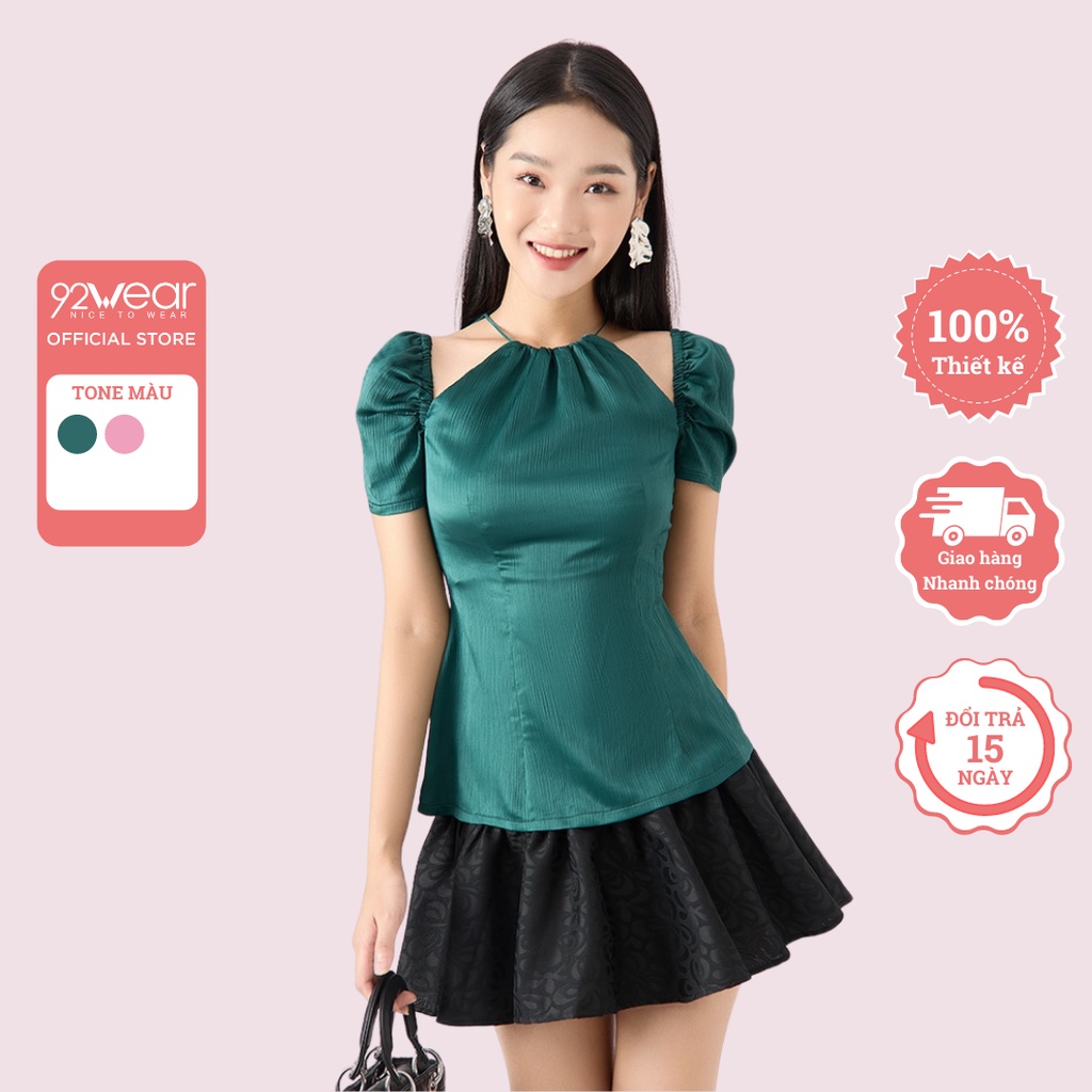 Áo sơ mi nữ ngắn tay cổ yếm 92WEAR, thiết kế tiểu thư nhẹ nhàng, chất liệu lụa gân cao cấp ASA2030
