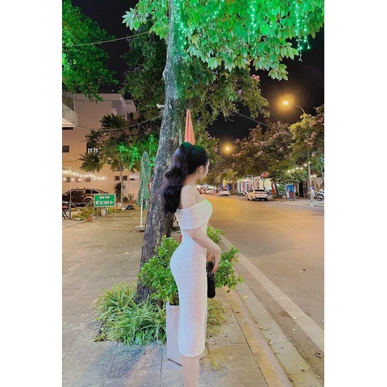 Váy body sóng nhăn trễ vai dáng dài siêu tôn dáng mã V125