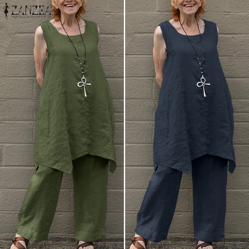 Zanzea Bộ Áo Cotton Sát Nách + Quần ống rộng Lưng Thun Thời Trang Châu Âu Cho Nữ