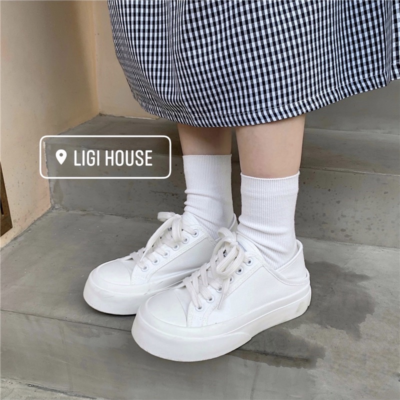 Giày sneaker đạp gót đế bánh mì, Giày thể thao nữ màu trắng giẫm gót basic đế 3,5p