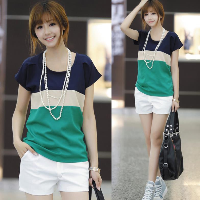 Áo thun tay ngắn kẻ sọc ngang phối màu năng động thời trang cho nữ | BigBuy360 - bigbuy360.vn