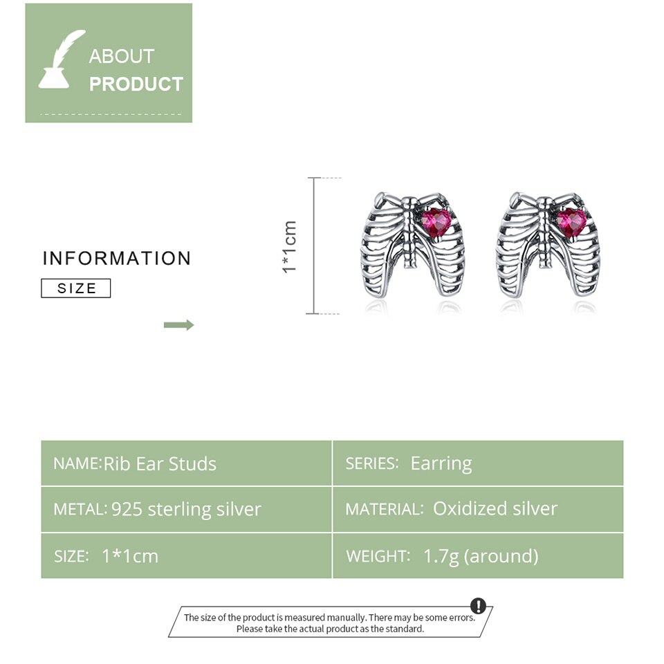 Khuyên tai bạc Bamoer SCE970 hình xương sườn đính đá trái tim phong cách Punk cho nữ