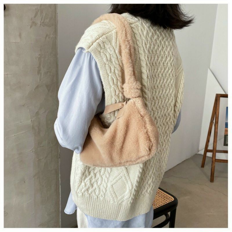 TÚI XÁCH LÔNG ĐEO VAI KẸP NÁCH MÀU ĐEN TRẮNG KEM