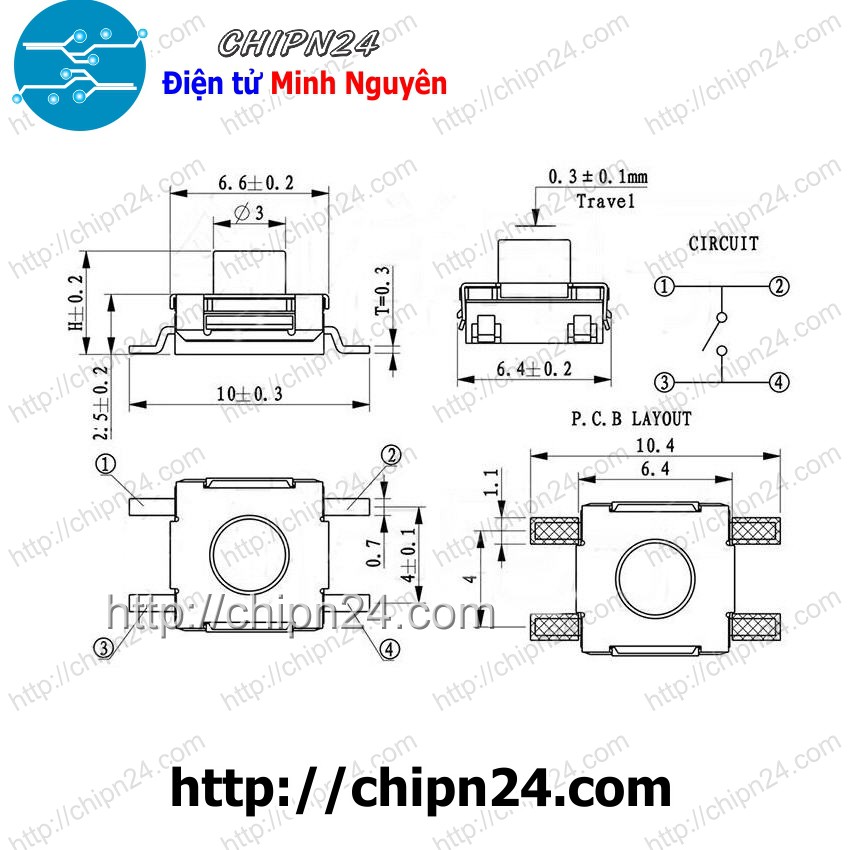 [5 CÁI] Nút nhấn Dán 4p 6x6x3.1mm