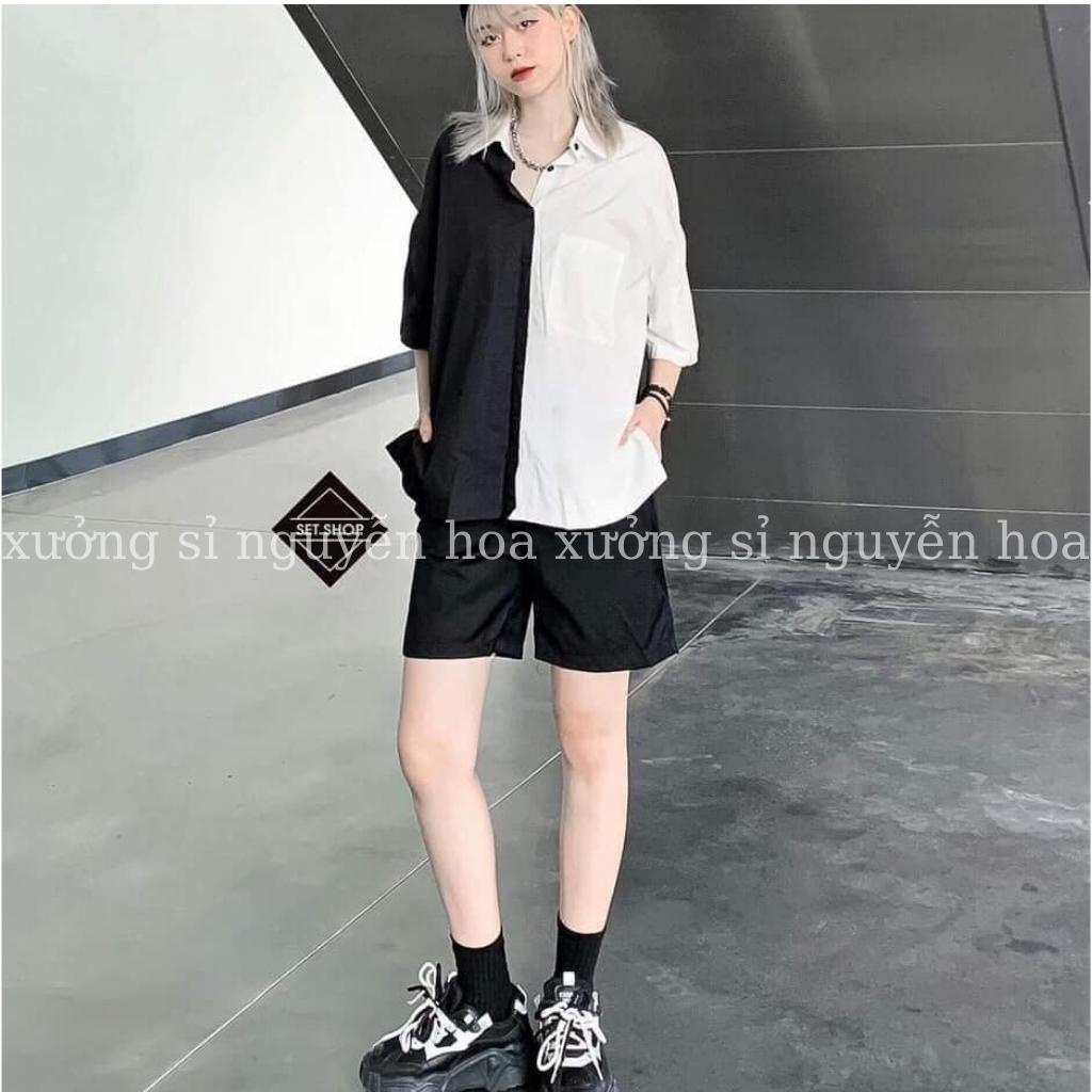 Áo sơ mi unisex ngắn tay phối màu đen trắng phong cách hàn quốc nam nữ mặc được Xưởng Sỉ Nguyễn Hoa
