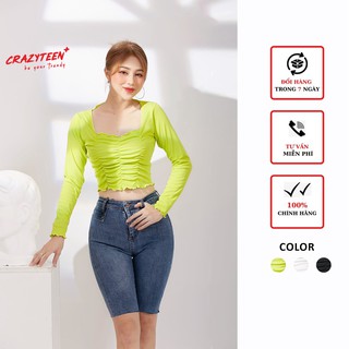 Áo thun croptop nữ CRAZYTEEN dài tay nhún ngực năng động AT0146