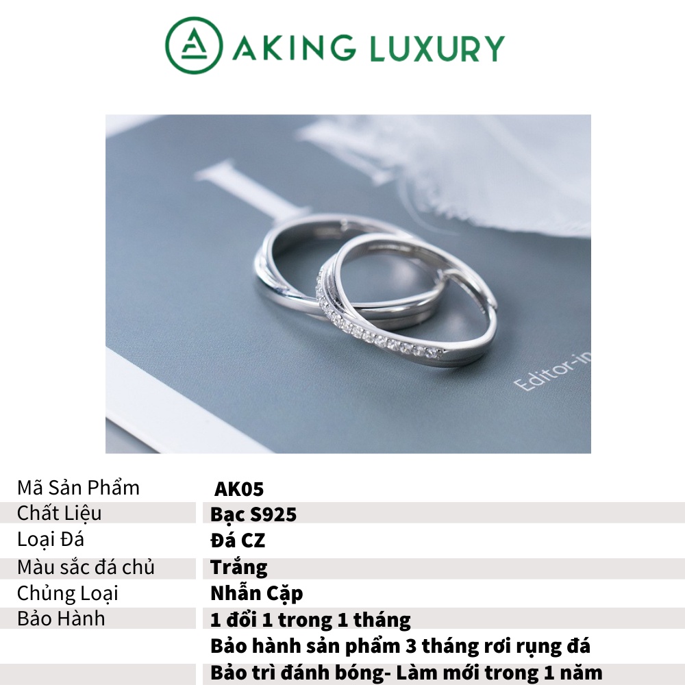 Nhẫn đôi AKING LUXURY AK05 cao cấp, nhẫn bạc nam đơn giản, nhẫn bạc nữ đính đá đẹp. Nhẫn cặp mới nhất 2021