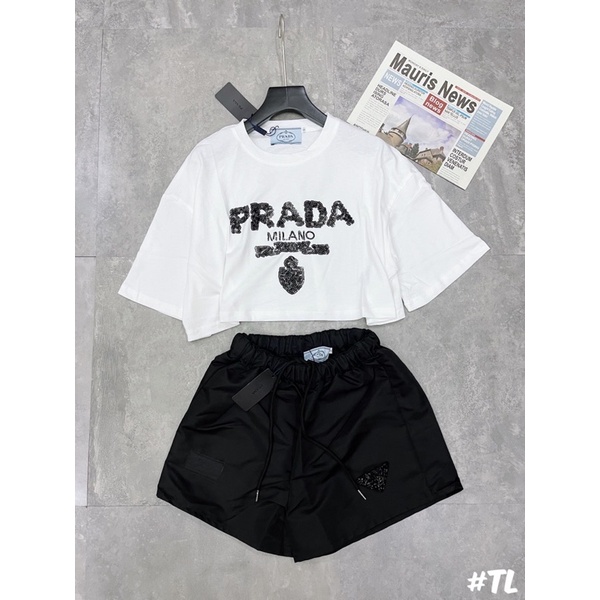 Set áo phông quần thô prada đính đá hạt lựu