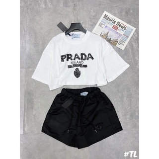 Set áo phông quần thô prada đính đá hạt lựu
