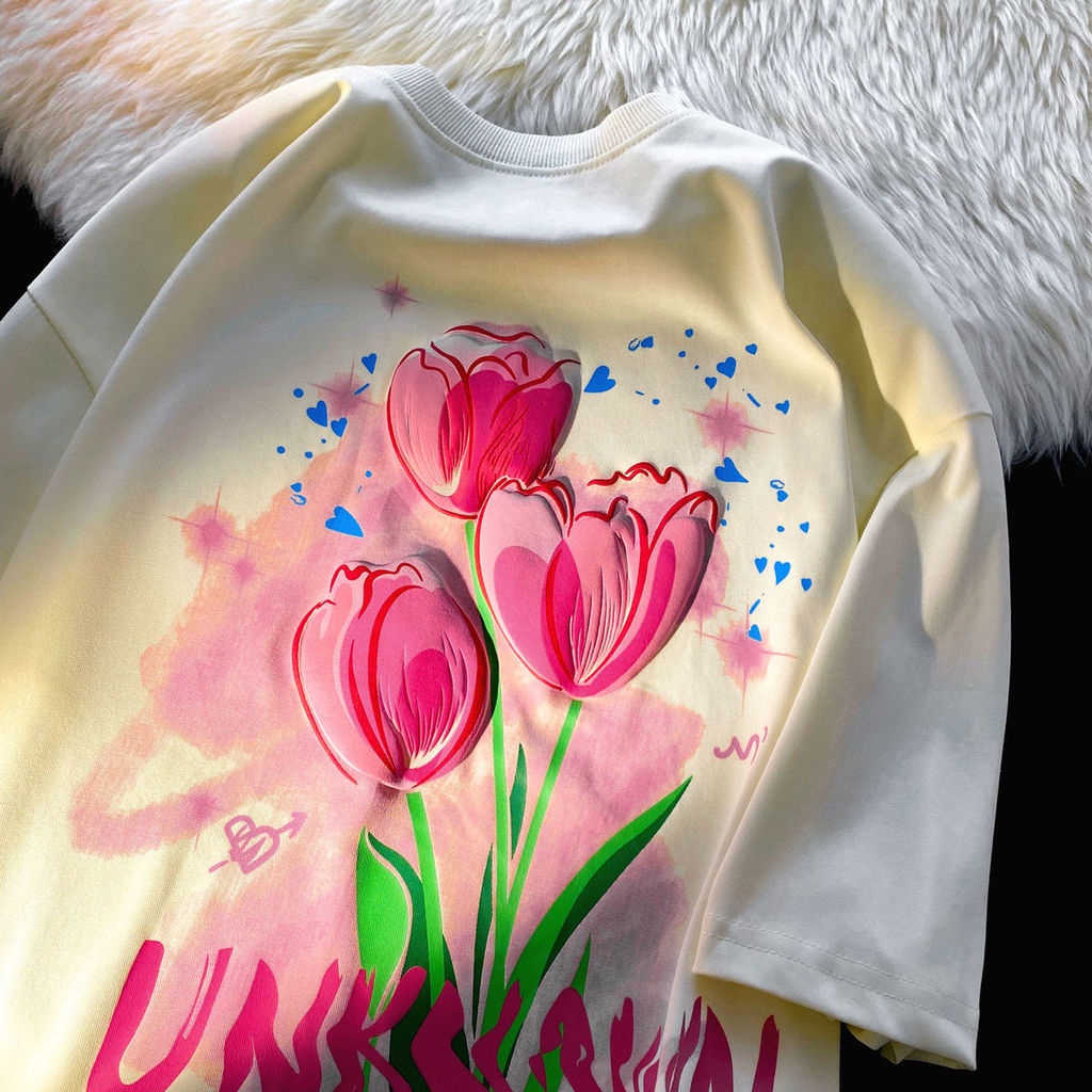 Áo thun Pure Cube tay ngắn in hình hoa phong cách Hàn Quốc dễ phối đồ thời trang xuân hè cho nữ