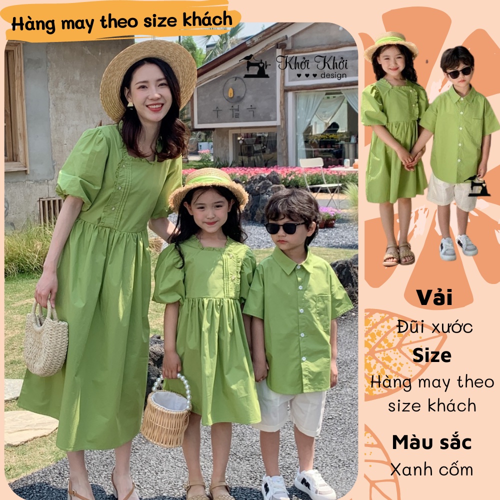 Bộ đầm mẹ bé gái phối bộ cho bé trai màu cốm hot trend