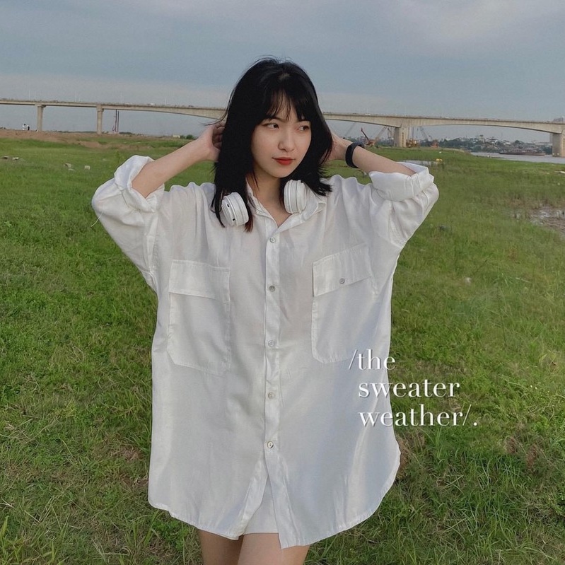 Áo sơ mi nữ form rộng dài tay Cheapy thô đũi 2 túi trắng nâu freesize dáng học sinh vintage Hàn Quốc C418